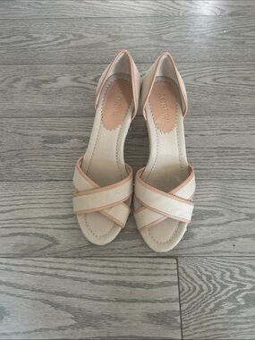 J. Crew Beige Canvas D'Orsay Heels with Peach Trim